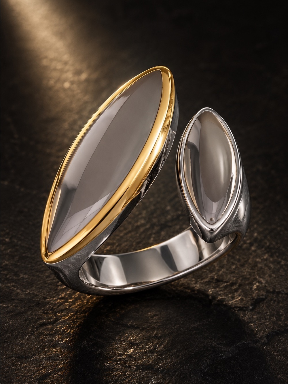 Two-Marquise Open Ring in Silver with Gold Trim - Picture 5 of 10